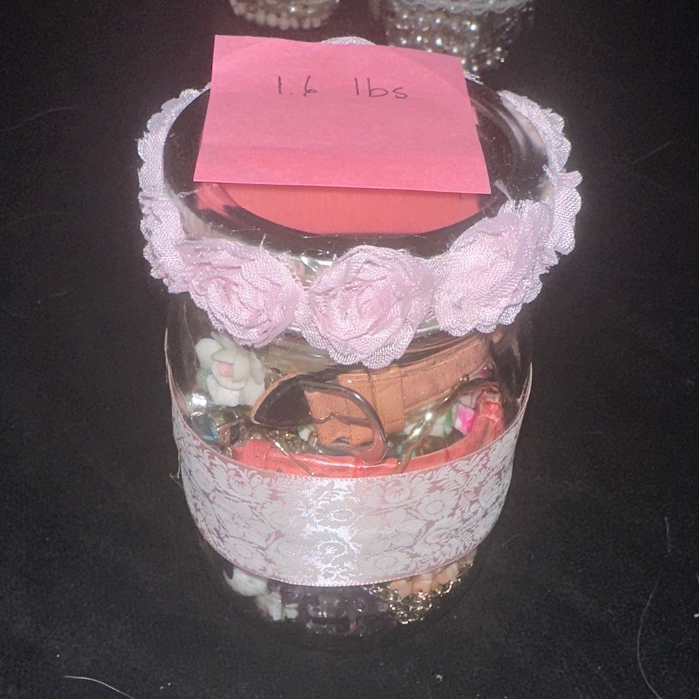 Mixed Jewelry Lot Multicolor Watch Bracelet Necklace in Decorated Jar 1.6 lbs